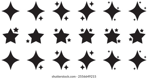 Shine or sparkle vector set of eighteen different stars in black color on white background. Sparkle star icons. Shine icon. Stars sparkle doodles vector.