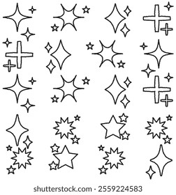 Shine or sparkle vector set of eighteen various stars in black color on white background. Sparkle star icons. Shine icon. Stars sparkle doodles vector. 333