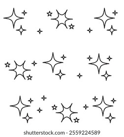 Shine or sparkle vector set of eighteen various stars in black color on white background. Sparkle star icons. Shine icon. Stars sparkle doodles vector. 333