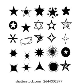 Brilhar ou conjunto de vetor cintilante de dezoito várias estrelas na cor preta em alcatrões brancos cintilante doodles vetor. Grande conjunto de ícone de estrela, luz e brilhante ilustração Estrela centelha mágica para gráfico ou pr