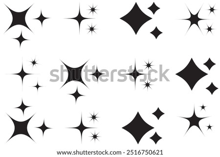 Shine or sparkle vector set of eighteen various stars in black color on white background. Sparkle star icons. Shine icon. Stars sparkle doodles vector.