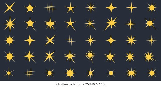 Shine or sparkle vector set. Retro futuristic sparkle icons collection. Sparkle star icons. Shining twinkle sunburst shapes. Different star shapes. Sparkle star icon