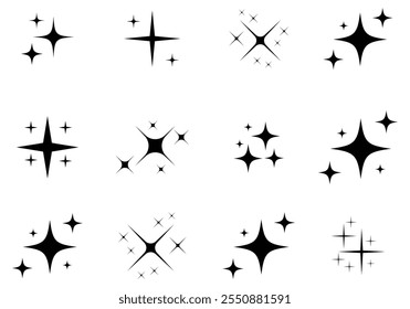 Juego de Vector brillante o brillante. Iconos de estrellas brillantes. Icono de brillo. Estrellas brillan garabatos Vector. Silueta minimalista Iconos de estrellas, Vector de forma de estrella. Estrellas centelleantes, siluetas negras brillantes abstractas 