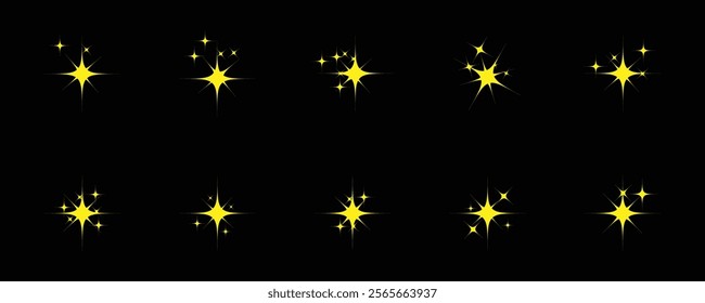 Shine or sparkle vector set of ten various stars in golden color on black background. Sparkle star icons. Shine icon. decorative twinkle and bursts forms, abstract shining flash symbols, glowing.