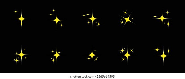 Shine or sparkle vector set of ten various stars in golden color on black background. Sparkle star icons. Shine icon. decorative twinkle and bursts forms, abstract shining flash symbols, glowing.