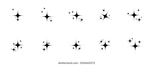 Shine or sparkle vector set of ten various stars in black color on white background. Sparkle star icons. Shine icon. decorative twinkle and bursts forms, abstract shining flash symbols, glowing.