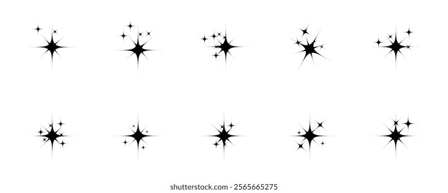 Shine or sparkle vector set of ten various stars in black color on white background. Sparkle star icons. Shine icon. decorative twinkle and bursts forms, abstract shining flash symbols, glowing.