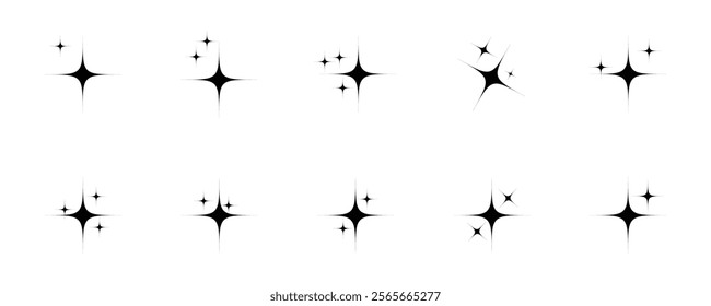 Shine or sparkle vector set of ten various stars in black color on white background. Sparkle star icons. Shine icon. decorative twinkle and bursts forms, abstract shining flash symbols, glowing.