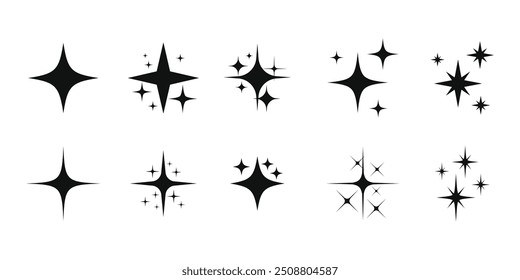 Shine or sparkle vector. Sparkling set of various stars in black color on white background. Sparkle star icons. Shine icon. Stars sparkle doodles vector.