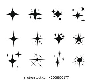 Shine or sparkle vector. Sparkling set of various stars in black color on white background. Sparkle star icons. Shine icon. Stars sparkle doodles vector.