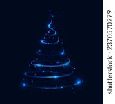 Shine spiral blue Christmas tree with stars, snowflakes and glittering particles. Abstract shiny glowing sparkling wavy lines. Vector illustration dark background.