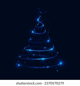 Shine spiral blue Christmas tree with stars, snowflakes and glittering particles. Abstract shiny glowing sparkling wavy lines. Vector illustration dark background.