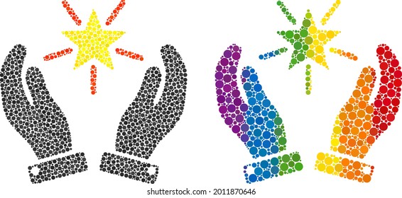 Coloquio de manos de protectores de estrellas brillantes icono de círculos llenos en diferentes tamaños y espectro de colores coloridos. Una estrella brillante de color LGBT de punteado cuida de las manos a lesbianas, gays, bisexuales y transgéneros.