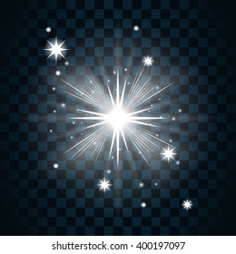Shine star with glitter and sparkle icon. Effect twinkle, glare, glowing, graphic light sign. Transparent glow design element on dark background. Template bright flash decoration. Vector illustration.