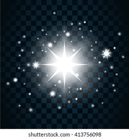 Shine star with glitter and sparkle icon. Effect twinkle, glare, glowing, graphic light sign. Transparent glow design element on dark background. Template bright flash decoration. Vector illustration.