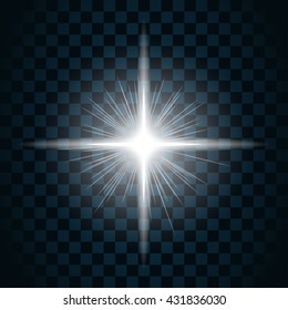 Shine star with glitter and sparkle icon. Effect twinkle, glare, scintillation element sign, graphic light. Transparent bright design. Dark background. White template glow, shine. Vector illustration.