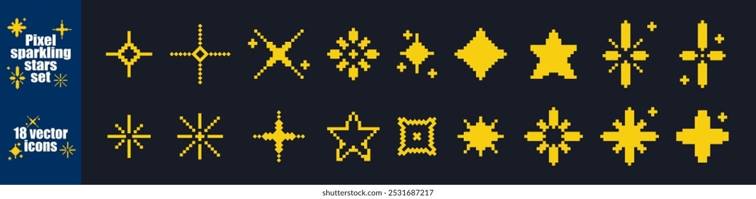 Vetor de brilho de estrela brilhante definido em estilo de pixel. Efeito brilho, brilho, piscando e limpo. Ícone de brilho de estrela