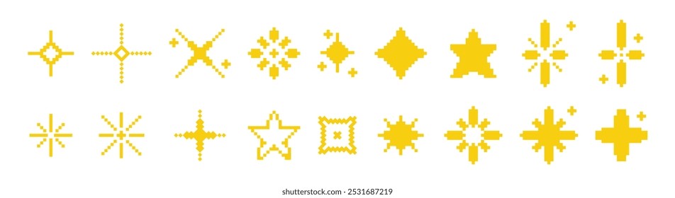 Shine Stern funkeln Vektor-Set in Pixel-Stil. Effektglanz, Glitzer, funkelnd und sauber. Sternenfunkel-Symbol