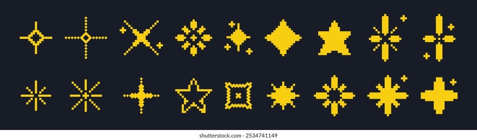 Shine star sparkle vector set in pixel style. Sparkle star icons. Shine icon. Effect shine, glitter, twinkling and clean. Star sparkle icon