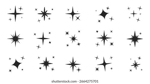 Conjunto de Vector brillante estrella. Dibujado a mano diferentes Elementos brillantes y flash para collage, póster, pegatina, etiqueta aislada sobre fondo blanco. Ilustración vectorial