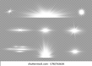  Luces estelares aisladas en un fondo transparente. Efecto de luz brillante.Conjunto de destellos, luces y sombras sobre un fondo transparente. El oro brillante estalla y se resplandece.
