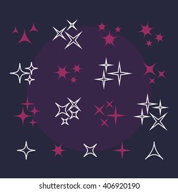 Shine stars with glitters and sparkles. Effect twinkle, design glare, scintillation element sign, graphic light vector illustration