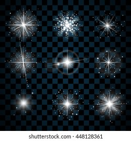 Shine stars with glitters and sparkles icons set. Effect twinkle, glare, scintillation element sign, graphic light. Transparent design elements on dark background. Varied template. Vector illustration