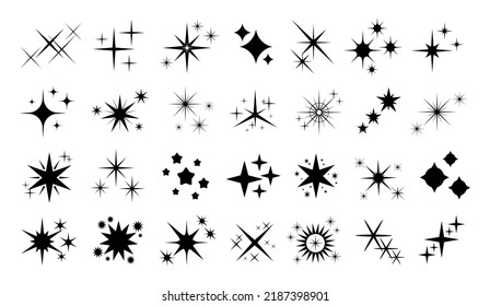 Shine stars icons, sparkling logo christmas celebrate. Black star sparks shapes, isolated glow shiny icons for party or festive cards racy vector set