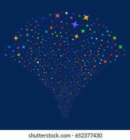 Shine Stars salute stream. Vector illustration style is flat bright multicolored iconic symbols on a blue background. Object fireworks fountain constructed from random design elements.