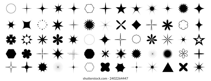 Shine stars shape icons, sparkling, geometric shapes symbols. Glow shiny icons for party or greeting cards. Vector illustration