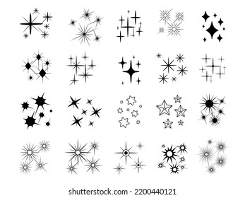 Shine stars shapes icons. Win symbols, black star sparkling, christmas stickers design. Isolated flat sparks, vintage magic decent vector elements