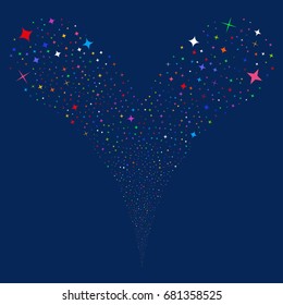 Shine Stars source stream. Vector illustration style is flat bright multicolored iconic shine stars symbols on a blue background. Object fountain made from random pictograms.