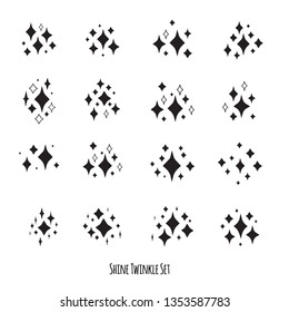 Shine twinkle set. Vector magic light signs isolated on white background. Black glitter