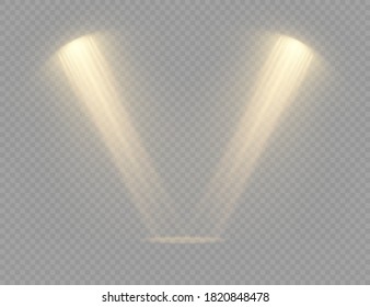 Shine vertical theater projector beam template for design. Light sources, concert lighting, stage spotlights. Set of Spotlight isolated on transparent background. Light effect with gold rays. Vector. 