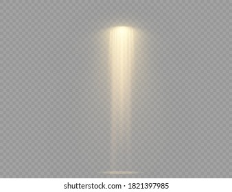 Modelo de haz vertical de proyector de teatro para diseño. Fuentes de luz, iluminación de conciertos, focos de escena. Efecto luminoso con los rayos de oro. Conjunto de foco aislado sobre fondo transparente. Vector. 