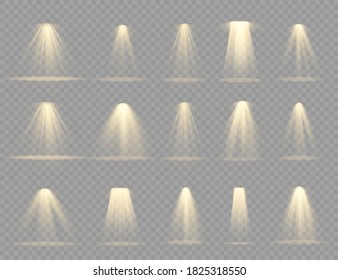Modelo de haz vertical de proyector de teatro para diseño. Efecto luminoso con los rayos de oro. Fuentes de luz, iluminación de conciertos, focos de escena. Conjunto de foco aislado sobre fondo transparente. Vector. 