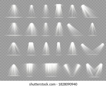 Shine vertical theater projector beam template for design. Set of Spotlight isolated on transparent background. Light effect with rays. Light white sources, concert lighting, stage spotlights. Vector