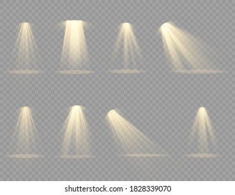 Shine vertical theater projector beam template for design. Light effect with gold rays. Light sources, concert lighting, stage spotlights. Set of Spotlight isolated on transparent background. Vector. 