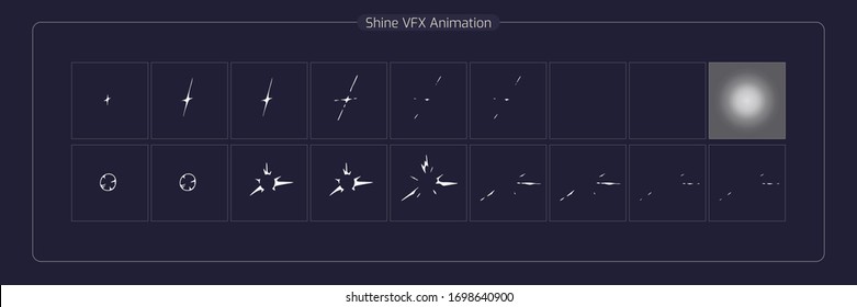 Shine vfx animation. shine effect sprite sheet for stars glow light, game, cartoon or motion design. Flash 2D classic Animation shine effect. EPS-10 vector illustration.