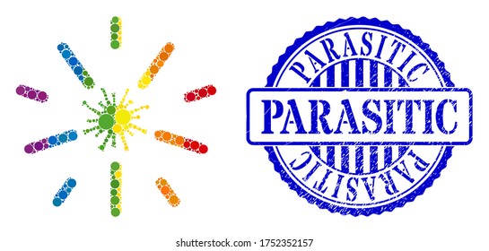 Shine virus composition icon of circle spots in various sizes and spectrum colorful color tones. Blue round grunge seal imprint with Parasitic title. A dotted LGBT- colored shine virus for lesbians,