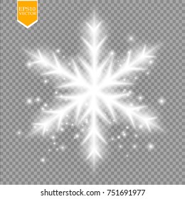 Shine white snowflake with glitter isolated on transparent background. Christmas decoration with shining sparkling light effect. Vector eps 10