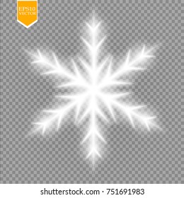 Shine white snowflake with glitter isolated on transparent background. Christmas decoration with shining sparkling light effect. Vector eps 10