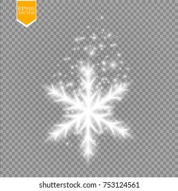 Shine white snowflake with glitter isolated on transparent background. Christmas decoration with shining sparkling light effect. Vector eps 10