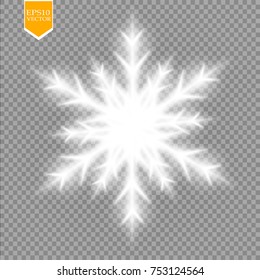 Shine white snowflake with glitter isolated on transparent background. Christmas decoration with shining sparkling light effect. Vector eps 10