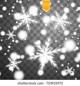 Shine white snowflake with glitter isolated on transparent background. Christmas decoration with shining sparkling light effect. Vector eps 10