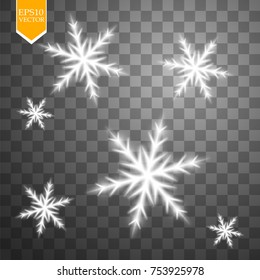 Shine white snowflake with glitter isolated on transparent background. Christmas decoration with shining sparkling light effect. Vector eps 10