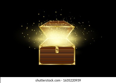 Shine in wooden chest realistic composition isolated on black background with vintage coffer and sparkling particles vector illustration