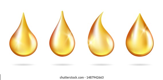 Shine yellow droplets. Realistic oil drops isolated on white background. Vector liquid drip juice honey petrol