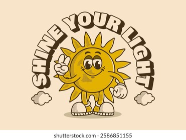 Shine your light. Happy sun mascot character illustration in peace hand symbol