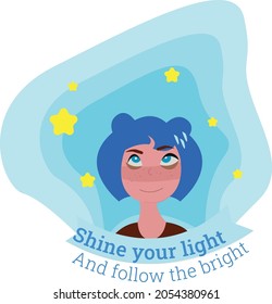 Shine you're light. Funny girl doodle blue hair hairstyle gender girl Fun Artistic Mantra Peace Holiday Effect Blue Yellow Light Easy Strong woman Unique Cute Kawaii Doodle Female Cartoon Vector Buns